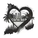 A detailed blackwork tattoo of a city skyline with palm trees intertwined, representing both the love for Miami and the ocean tattoo design idea