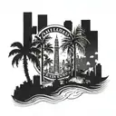 A detailed blackwork tattoo of a city skyline with palm trees intertwined, representing both the love for Miami and the ocean tattoo design idea