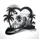 A detailed blackwork tattoo of a city skyline with palm trees intertwined, representing both the love for Miami and the ocean tattoo design idea