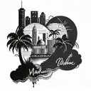 A detailed blackwork tattoo of a city skyline with palm trees intertwined, representing both the love for Miami and the ocean tattoo design idea