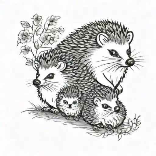 A hedgehog family of 3, mother father and daughter, father hugging both mother and daughter, they are on their feet tattoo design idea