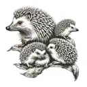 A cute hedgehog family of 3, mother father and daughter, father hugging both mother and daughter, they are on their feet tattoo design idea
