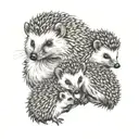 A cute hedgehog family of 3, mother father and daughter, father hugging both mother and daughter, they are on their feet tattoo design idea