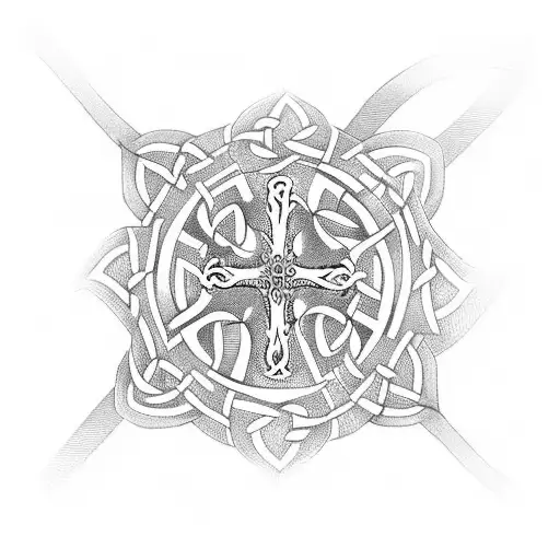 celtic cross with flowers and ribbon tattoo design idea