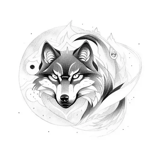A fusion of nature and anime, depicting a wolf with vibrant anime-inspired elements in a blackwork style tattoo design idea