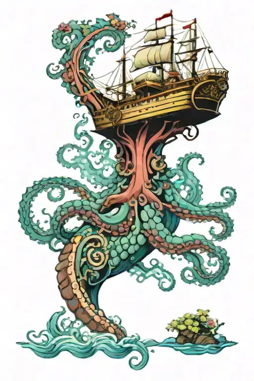 full color leg sleeve, ocean themed, large ship up top, giant octopus in middle, sunken treasure at bottom, few flowers tattoo design idea