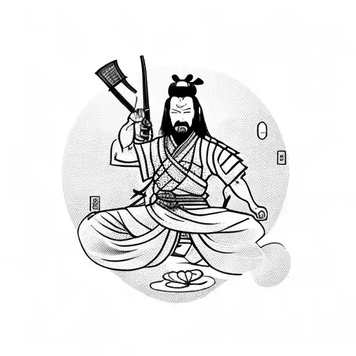 Samurai warrior meditating under a cherry blossom tree tattoo design idea