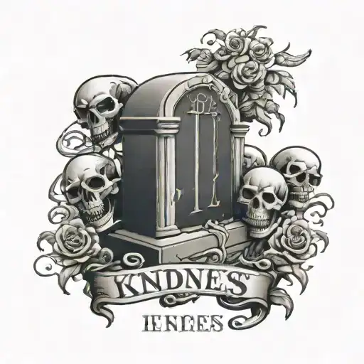 Scary looking tombstone with the word kindness on it and the year 1992 below that surrounded by four skeletons it should tattoo design idea