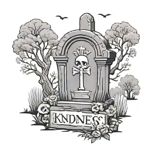A creepy tombstone with the word kindness on and 1992 on it. In a cemetary surrounded by four skeletons and trees. tattoo design idea