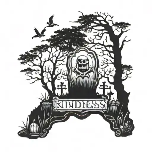 A creepy tombstone with the word kindness and 1992 on it. In a cemetary surrounded by four skeletons and trees. tattoo design idea