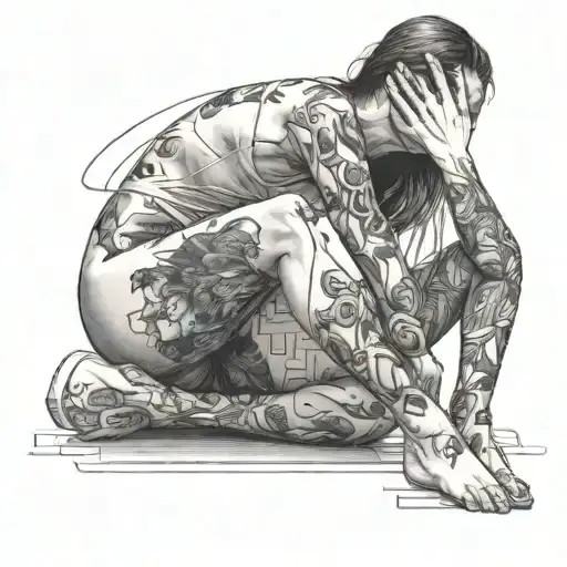 A woman sitting with one leg sideways on the ground and the other leg upright, without clothes, covering her face with h tattoo design idea