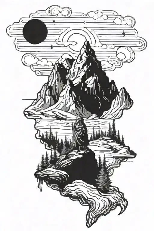 mountain range with the hermit statue tattoo design idea