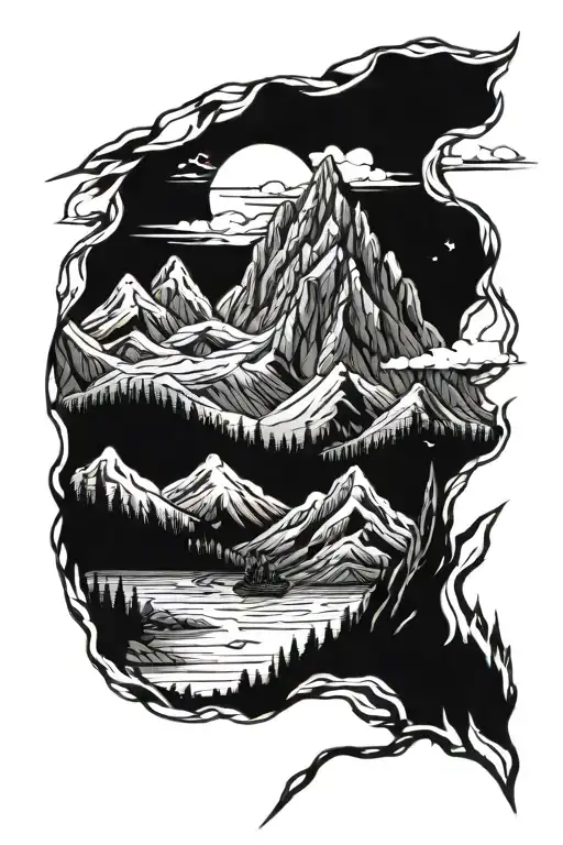 mountain range with the hermit statue tattoo design idea