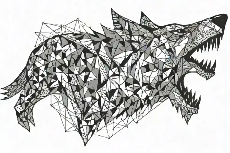  A black ink wolf giant with its jaws wide open, about to swallow the Sun. The wolf is profile orientation  tattoo design idea