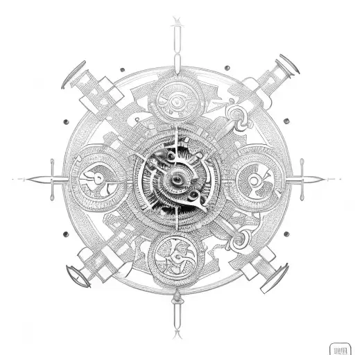 An intricate clockwork mechanism surrounded by musical notes and gaming symbols tattoo design idea
