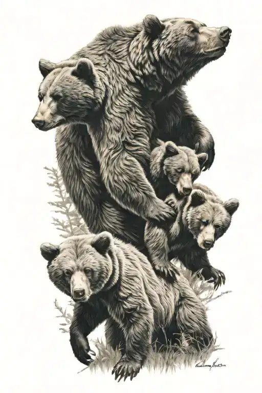 Bear standing with 2 cubs climbing on him tattoo design idea