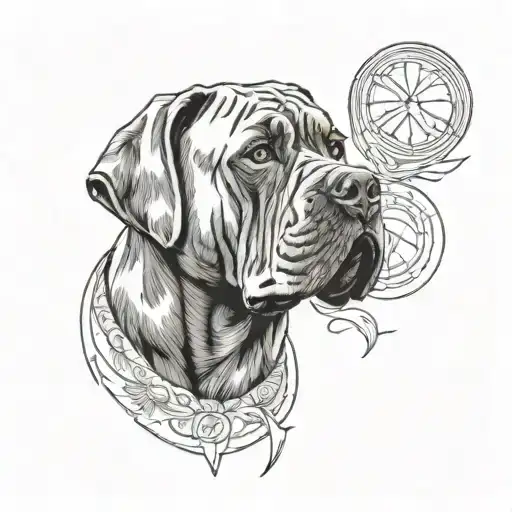 Incorporate symbols of money and basketball into a blackwork tattoo featuring a cane corso tattoo design idea
