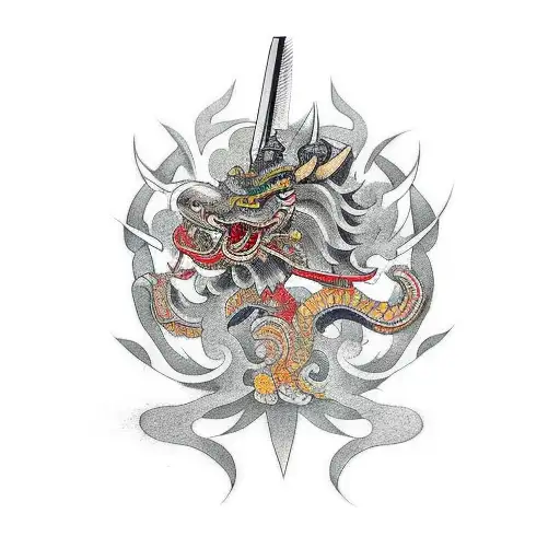 samurai vs dragão tattoo design idea