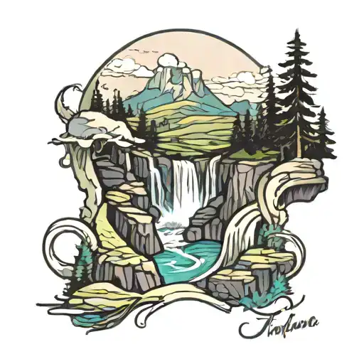 horseshoe mountain landscape with waterfall cascading tattoo design idea