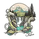 horseshoe mountain landscape with waterfall cascading tattoo design idea