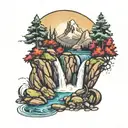 horseshoe mountain landscape with waterfall cascading tattoo design idea