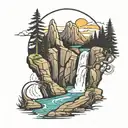 horseshoe mountain landscape with waterfall cascading tattoo design idea