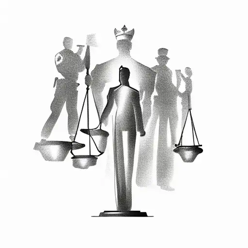 A sketch-style tattoo of a police officer holding a scale of justice with the client's family members as the balancing weights tattoo design idea