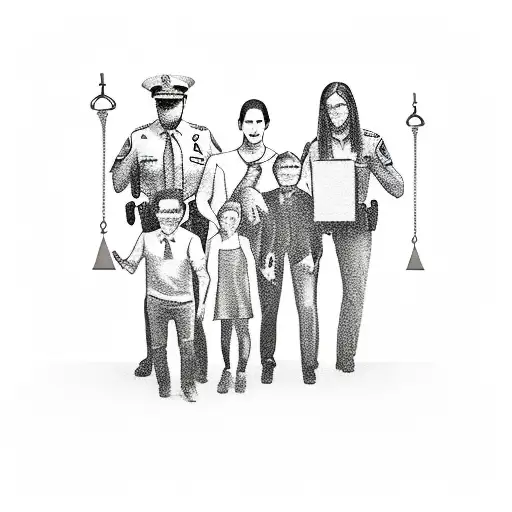 A sketch-style tattoo of a police officer holding a scale of justice with the client's family members as the balancing weights tattoo design idea
