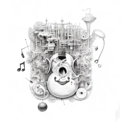 A whimsical combination of various musical instruments forming a surreal and captivating composition tattoo design idea