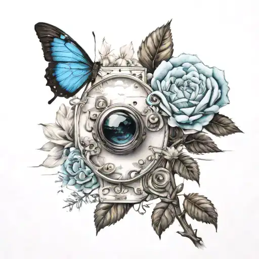 A realism tattoo of a serene landscape scene with a blue sky, blooming roses, and a hidden microscope tattoo design idea