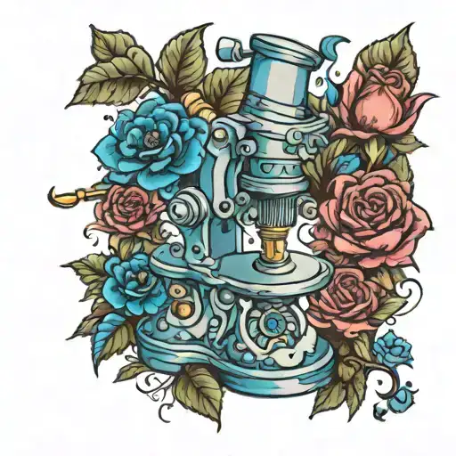 A neotraditional design of a microscope surrounded by intricate blue roses, showcasing the client's passion for laboratory work and love for their favorite flowers tattoo design idea