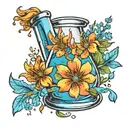 A new-school style tattoo of a laboratory beaker filled with blue liquid and surrounded by purity flowers, reflecting the client's occupation as a laboratory technician and love for flowers tattoo design idea
