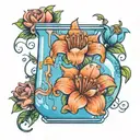A new-school style tattoo of a laboratory beaker filled with blue liquid and surrounded by purity flowers, reflecting the client's occupation as a laboratory technician and love for flowers tattoo design idea