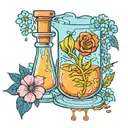 A new-school style tattoo of a laboratory beaker filled with blue liquid and surrounded by purity flowers, reflecting the client's occupation as a laboratory technician and love for flowers tattoo design idea