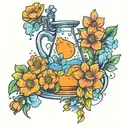 A new-school style tattoo of a laboratory beaker filled with blue liquid and surrounded by purity flowers, reflecting the client's occupation as a laboratory technician and love for flowers tattoo design idea