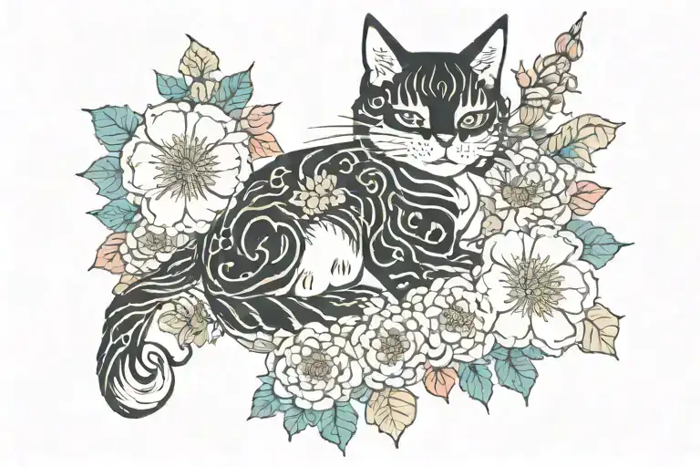 nature, cats, flowers and fairies tattoo design idea