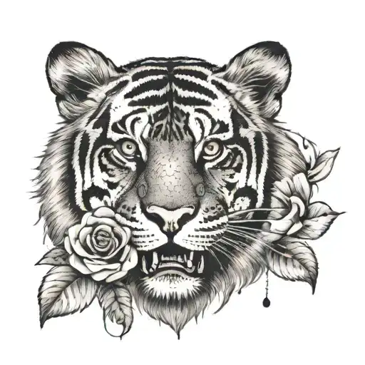 a small, frontal tiger's head, with a small clock and a rose next to it tattoo design idea