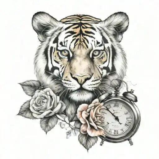 a small, frontal tiger's head, with a small clock and a rose next to it tattoo design idea