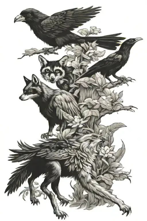 smokey raven, rabbit, monkey, and fox running tattoo design idea