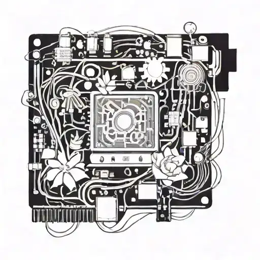 An intricate design of a computer motherboard intertwined with vines and flowers tattoo design idea
