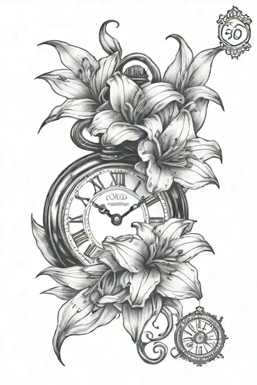 pocket watch surrounded by lillies thigh tattoo tattoo design idea