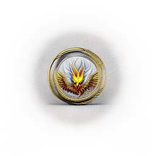 fire bird in a metal ring with a gold key in the style of realism tattoo design idea