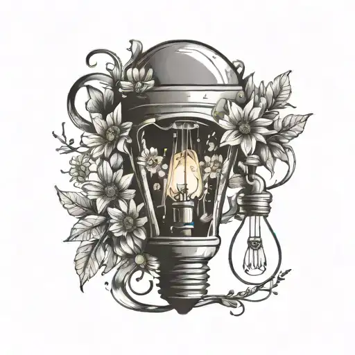 a  broken light bulb with daisies and lock spur growing out of it with a nightengale flying over it.   tattoo design idea