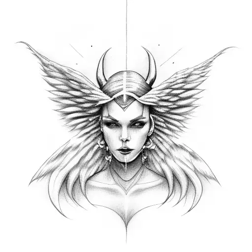 broken heart, female angel and female devil tattoo design idea
