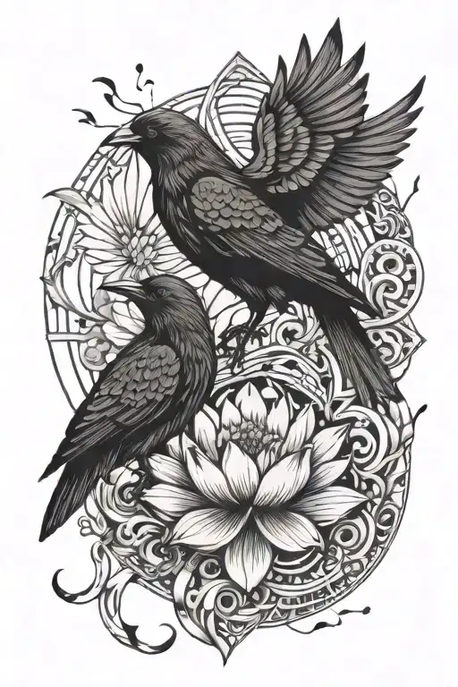 lotus and crow and music notes tattoo design idea