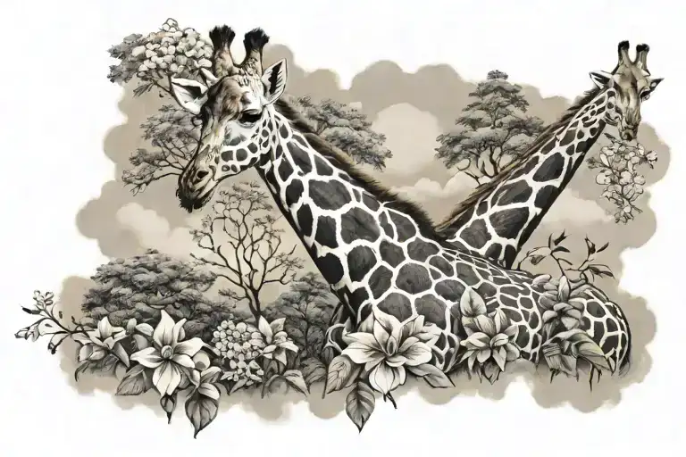 giraffe full body with trees, flowers and clouds  surrounding tattoo design idea