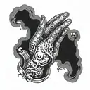 evil cartoon character praying hands with smoke in the back and Chinese letters underneath  tattoo design idea