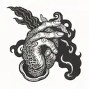 evil cartoon character praying hands with smoke in the back and Chinese letters underneath  tattoo design idea