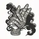 evil cartoon character praying hands with smoke in the back and Chinese letters underneath  tattoo design idea