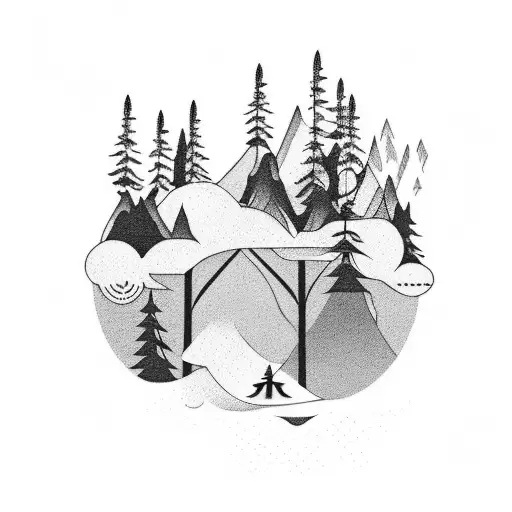 forearm tattoo, forest, mountain in background, waterfall, silohoette 2 guys in a boat fishing tattoo design idea